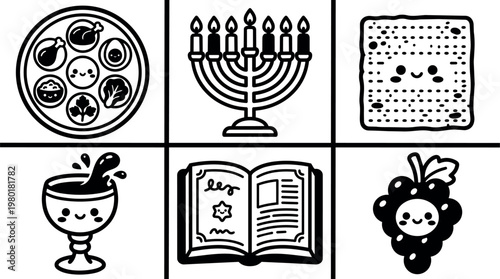 Black and white hanukkah symbols with smiling faces and traditional items