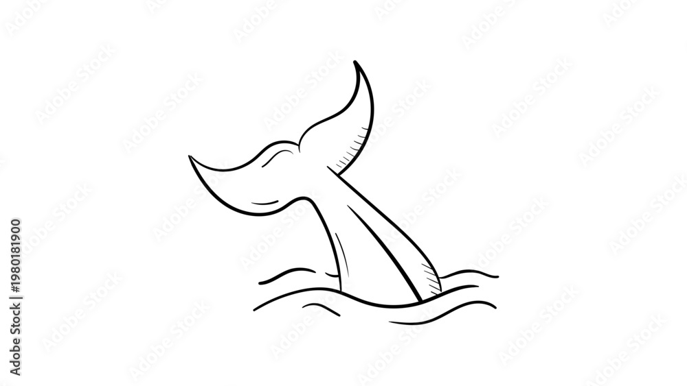 Εκτύπωση καμβά Minimalist black line vector illustration of a whale tail fluke emerging from ocean waves with water splashes, hand-drawn style icon on white background for marine life and aquatic nature themes