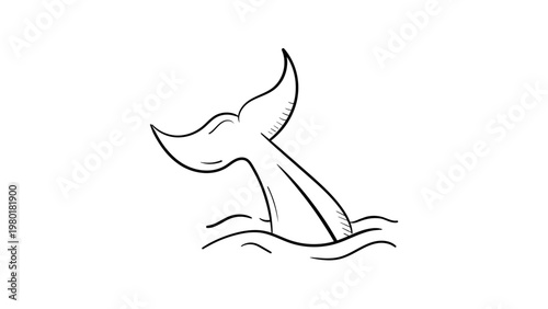 Minimalist black line vector illustration of a whale tail fluke emerging from ocean waves with water splashes, hand-drawn style icon on white background for marine life and aquatic nature themes.