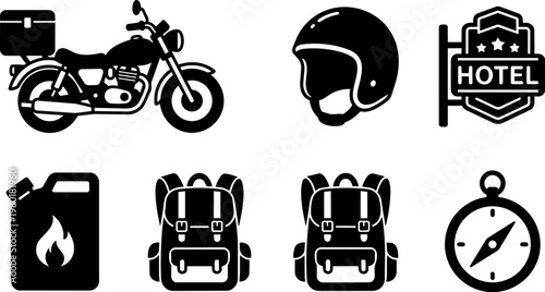 Black motorcycle with helmet hotel sign fuel can backpack and compass icons