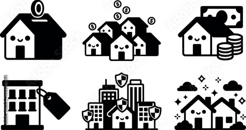 Cute houses with money and security icons