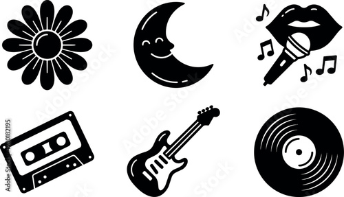 Black and white music icons flower moon cassette guitar record smiling moon vector illustration