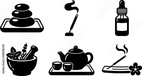 Black and white spa stones incense oil mortar teapot icons in line art