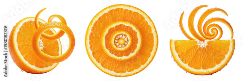Schilderij op canvas Fresh Orange Slices and Artistic Spiral Peels Isolated on White Background; Crea