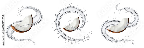 Canvastavla Coconut Cocos nucifera fresh milk water splash swirl with spiral liquid flow aro