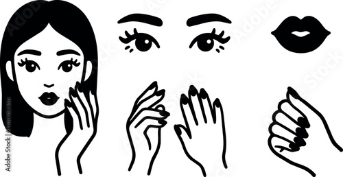 Woman face eyes lips and manicured hands