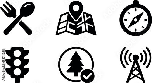 Black and white vector icons of fork spoon map compass traffic light tree check and antenna
