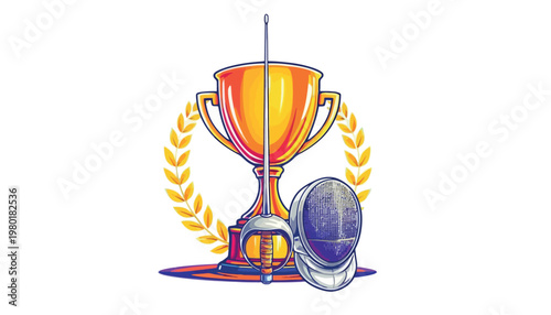 Vsai fencing sport equipment with gold trophy and laurel wreath