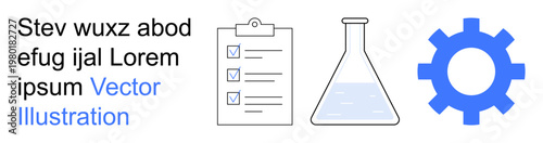 Science, process management, engineering, workflow, research, laboratory. Laboratory flask, clipboard with checkboxes and blue gear cog. Science and process management concepts
