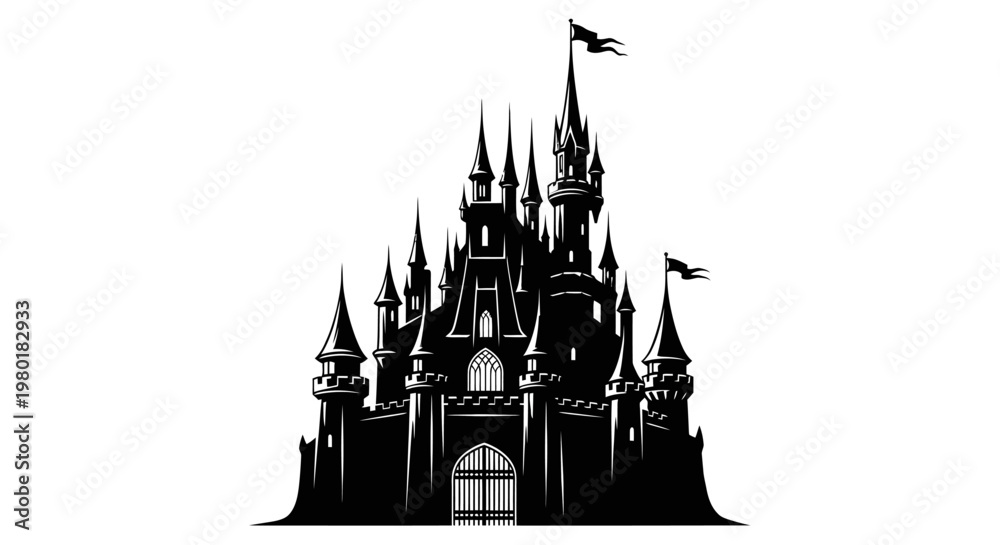 Fototapeta premium Magical fairytale castle silhouette icon, fantasy kingdom graphic element, princess palace vector illustration on white background