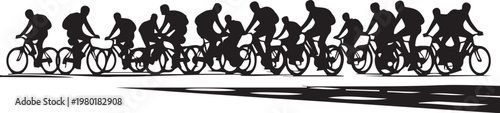 Dynamic black silhouette vector of a large group of cyclists racing, a continuous line of diverse people on bicycles, an energetic cycling marathon or bike race illustration