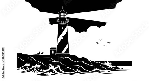 Monochromatic vector illustration of a traditional lighthouse on a rocky cliff, guiding ships with its powerful light beam amidst ocean waves and flying birds.