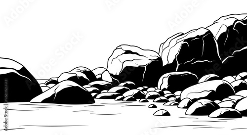 Monochrome illustration of a rugged rocky shore with large and small stones along the calm coastline, simple vector style