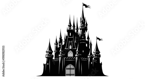 Magical fairytale castle silhouette icon, fantasy kingdom graphic element, princess palace vector illustration on white background