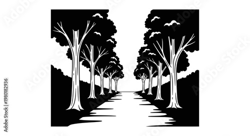 Monochrome tree-lined path illustration showing strong perspective and depth. Black and white graphic of a road in nature.