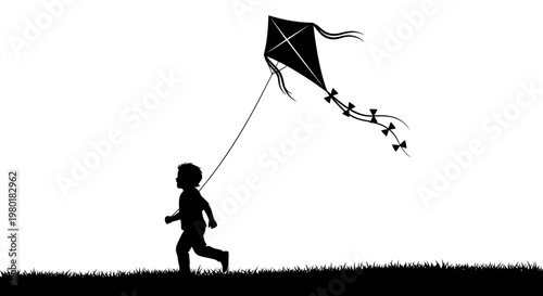 Happy child silhouette running and flying a kite outdoors. Joyful kid playing with toy, freedom and childhood concept.