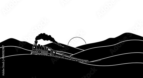 Vintage Steam Train Journey Silhouette at Sunset through Rolling Hills, Black and White Graphic Illustration, Historical Travel
