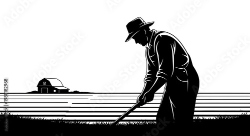 Silhouette illustration of a farmer working in a rural field with a hoe, depicting agricultural labor, farming, and hard work.