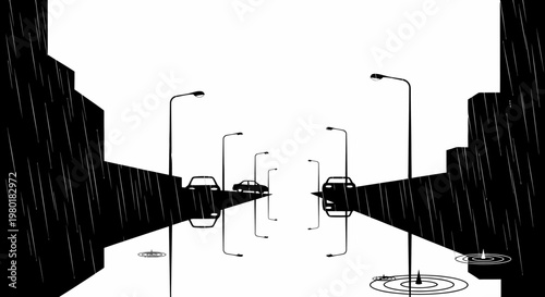 Graphic black and white illustration of a rainy night city street, wet pavement reflections, cars and streetlights, urban scene