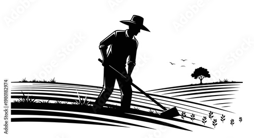 Classic silhouette of a farmer working the land in a cultivated field, symbolizing agriculture, hard work, and rural life.