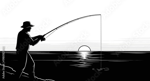Solitary Fisherman Casting Line at Sunset Silhouette. Classic Black and White Angler Recreation Graphic.