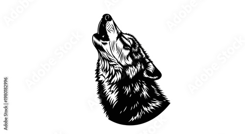 Monochrome howling wolf head illustration, powerful wild canine animal art, black and white graphic design element, majestic predator profile