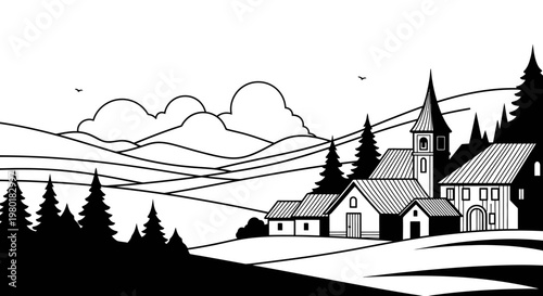 Monochrome vector art of a serene mountain village featuring a traditional church, houses, and coniferous trees in a rural setting
