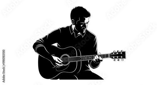 Dynamic Silhouette Vector Illustration of a Man Playing Acoustic Guitar. Male Musician Performance Art, Black and White Graphic.