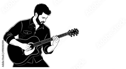Bearded Musician Playing Acoustic Guitar Illustration. Young man focused on strumming, black and white vector graphic.