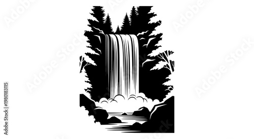 Monochrome vector illustration of a majestic waterfall cascading through a dense forest with tall trees and river rocks. Nature landscape.