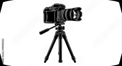Professional Digital SLR Camera with Zoom Lens on Tripod Stand Black and White Illustration Photography Equipment Icon