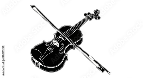 Elegant classical violin with bow black and white illustration. String musical instrument silhouette for music concept.
