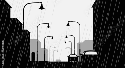 Rainy urban street scene with cars and streetlights in a dramatic black and white illustration, receding perspective