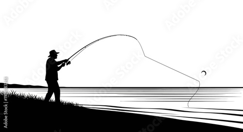 Dynamic silhouette of a fisherman casting a line into a lake or ocean from a grassy bank, representing outdoor recreation and sport.