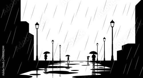 Dramatic black and white illustration of people with umbrellas walking on a rainy city street, urban landscape with puddles and streetlights.