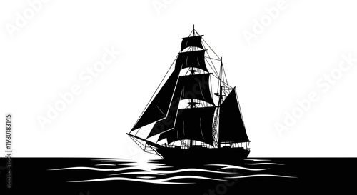 Majestic vintage sailing ship silhouette on calm ocean waters, a tall ship cruising at sunrise or sunset, black and white graphic vector.