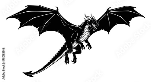 Powerful black flying dragon illustration, mythical fantasy creature with large wings and a long tail, majestic beast concept.