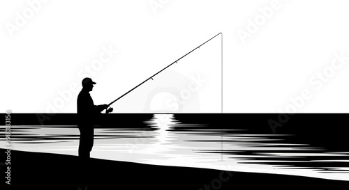 Silhouette of a man fishing with a rod at sunset or sunrise over calm water, reflection, tranquil leisure activity, graphic design.