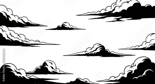 Stylized black and white clouds, graphic illustration with comic book art style, abstract sky background element.