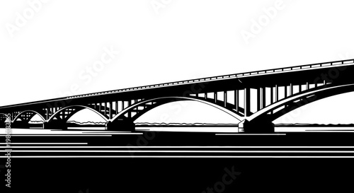 Architectural drawing of a long arch bridge in black and white, emphasizing its structural design and modern construction