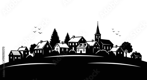 Black and white vector illustration of a quaint village silhouette on a hill. Small town with houses, church steeple, and trees.