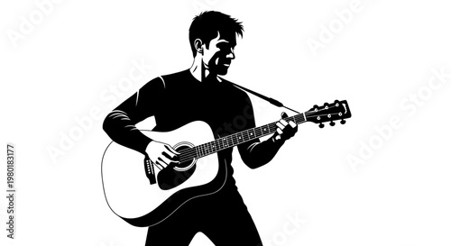 Graphic illustration of a man playing an acoustic guitar, black and white silhouette, musical performance, musician.