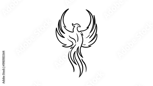 Phoenix bird minimalist black line vector icon illustration on a white background. Hand-drawn mythical firebird rising with spread wings, scalable graphic design element for logo or tattoo.