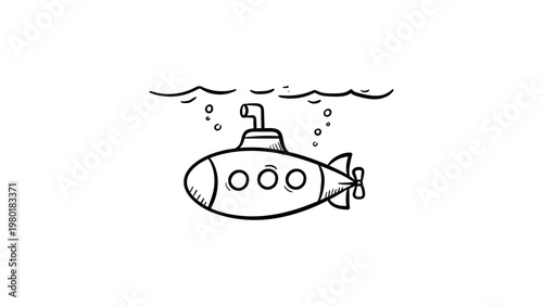 Minimalist black line vector icon illustration of a submarine with a periscope, portholes, and propeller floating on ocean waves, hand-drawn nautical marine design on a white background.