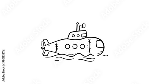Hand-drawn submarine vector icon illustration in a minimalist black line art style on a white background, featuring a periscope, portholes, and bubbles, perfect for nautical and marine designs.