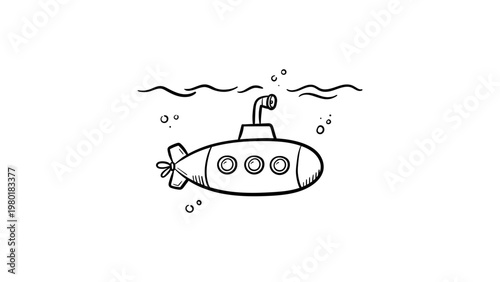Hand-drawn minimalist black line vector illustration of a submarine underwater with periscope and portholes, clean scalable icon isolated on white background for nautical and marine design projects.