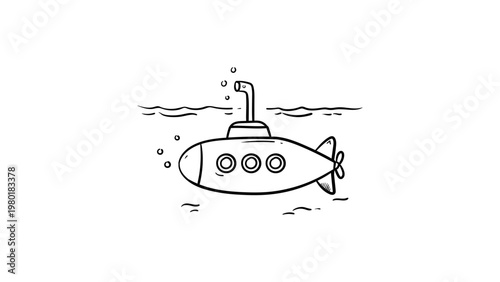 Minimalist black line vector illustration of a submarine submerged in water with periscope and bubbles. Hand-drawn outline icon for marine, nautical, and underwater exploration themes.