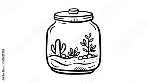 Minimalist black line vector icon of a glass terrarium jar with cactus and plants, hand-drawn outline illustration of a miniature indoor garden ecosystem, scalable graphic on white background.