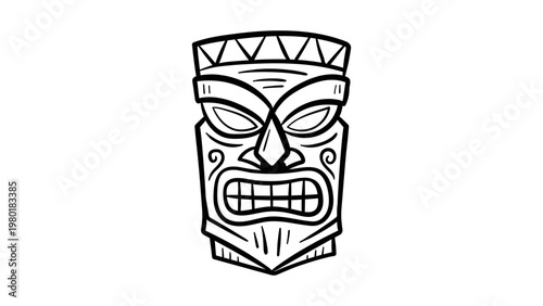 Minimalist black line vector icon illustration of a traditional Polynesian Tiki mask on a white background, featuring hand-drawn tribal details, carved wood textures, and a symbolic island face.