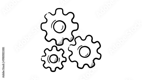 Hand-drawn minimalist black line vector icon of three interlocking gears on a white background, representing a mechanism, process, teamwork, or engineering concept in a clean doodle illustration.